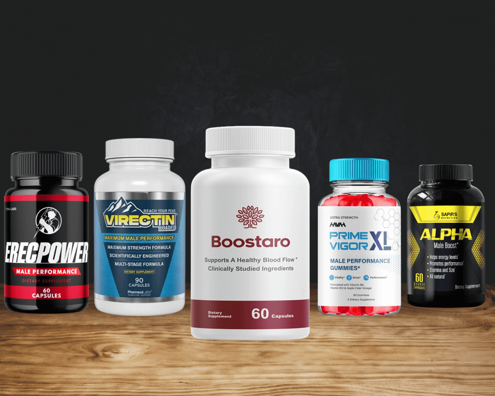 Bottles of Virectin male enhancement supplement displayed alongside Boostaro, Prime Vigor XL, Alpha Boost, and ErecPower in a testosterone booster comparison.