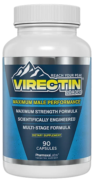 Virectin Loaded male enhancement supplement bottle with 90 capsules, maximum strength testosterone booster formula for male performance.
